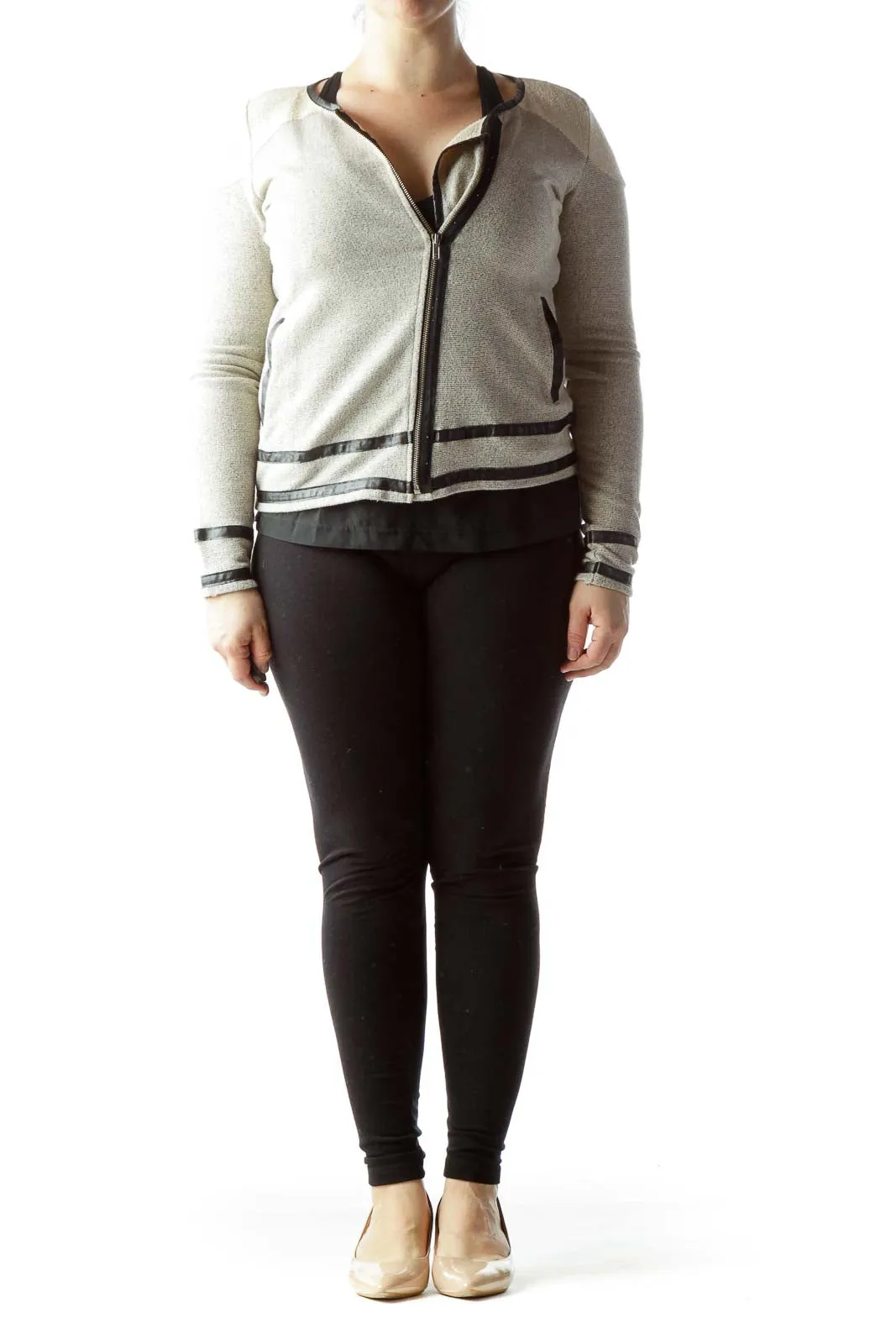 Beige Zip-Up Cardigan with Striped Trim