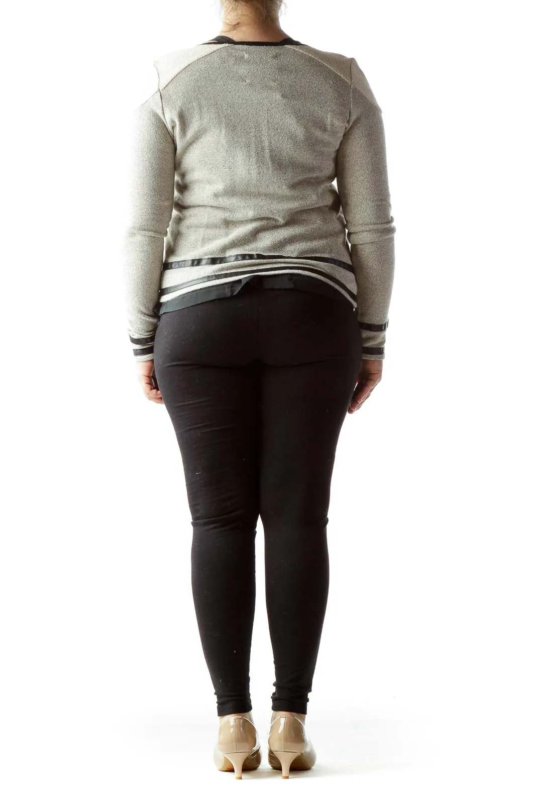 Beige Zip-Up Cardigan with Striped Trim