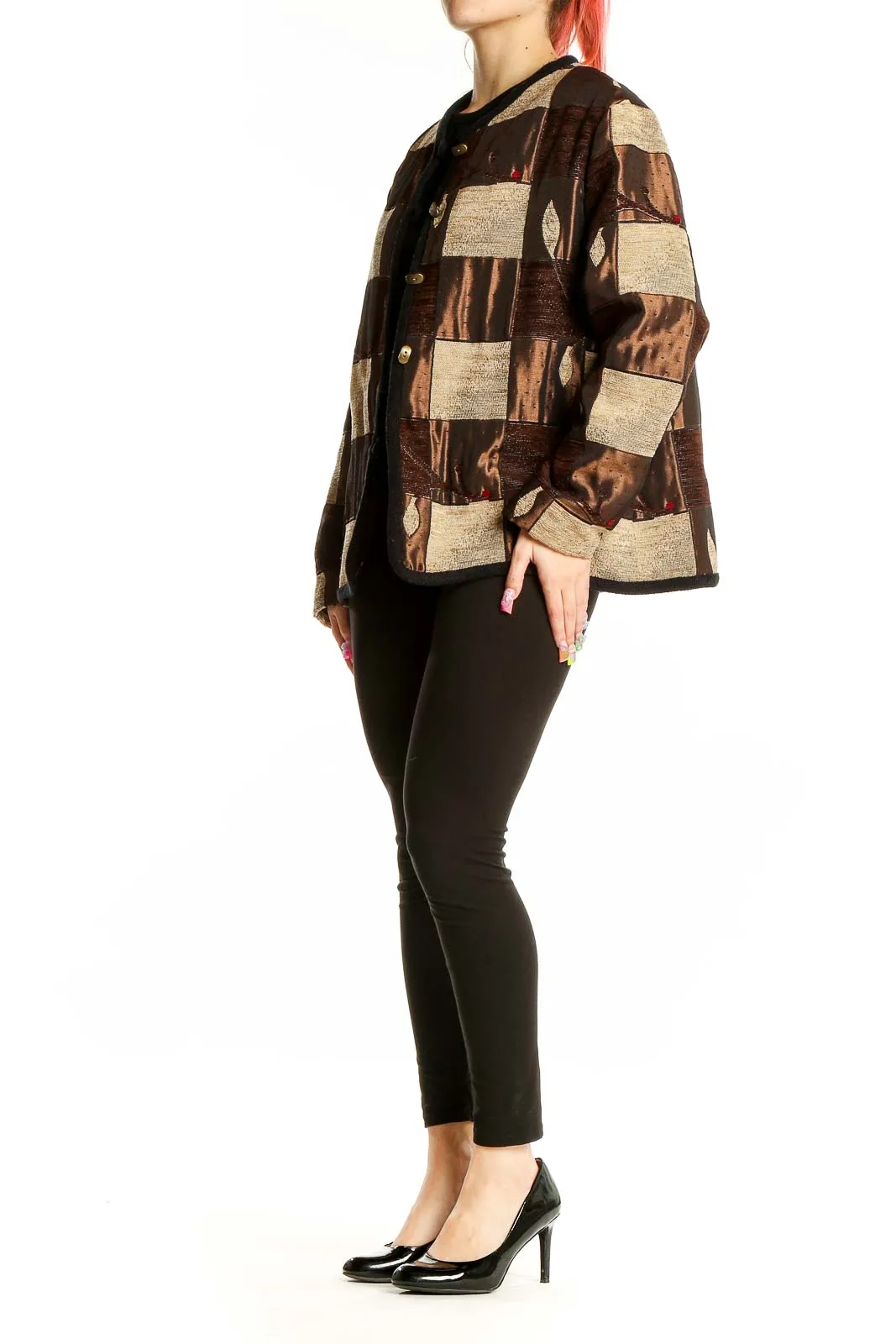 Brown Patchwork Button-Up Jacket