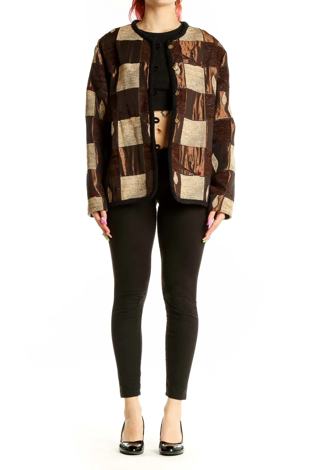 Brown Patchwork Button-Up Jacket